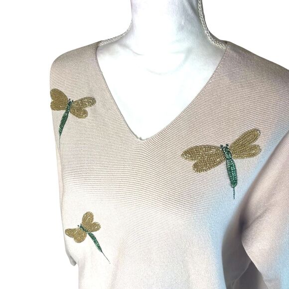 Liv Milano Womens Beige Knit Beaded Dragonfly Sweater Sz M Whimsical Long Sleeve - Picture 2 of 9